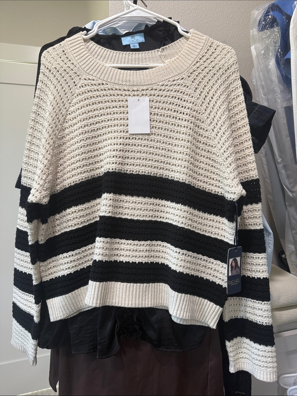 RACHEL Rachel Roy Black & Cream Striped Open-Knit Crewneck Sweater L NWT
